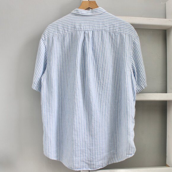 Lands' End Blue White Striped Men Traditional Fit Short Sleeve Linen Shirt Large - Picture 2 of 6